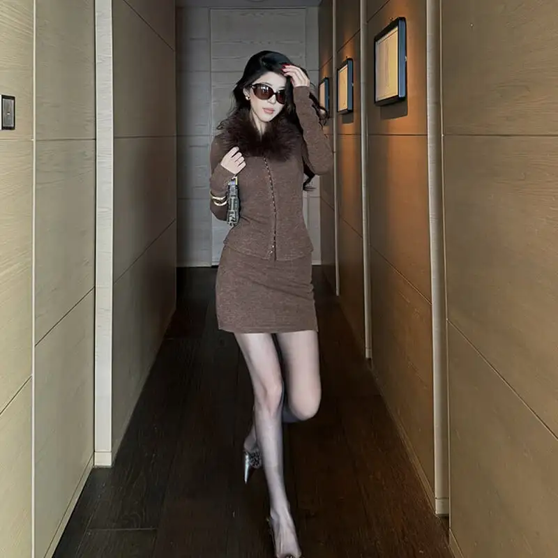 セットアップ トップス+スカート ふわふわ 着心地良い 長袖 ブラウン