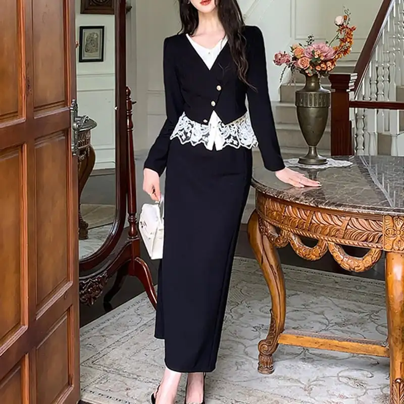 セットアップ トップス+スカート 長袖 気質満点 通勤 ブラック