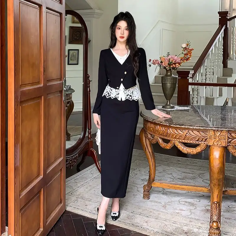 セットアップ トップス+スカート 長袖 気質満点 通勤 ブラック