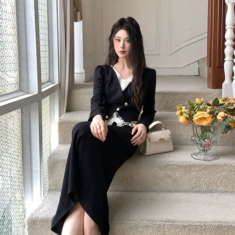 セットアップ トップス+スカート 長袖 気質満点 通勤 ブラック