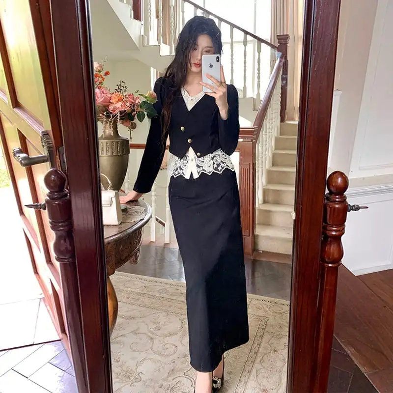 セットアップ トップス+スカート 長袖 気質満点 通勤 ブラック