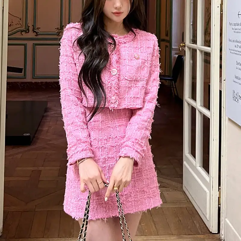 セットアップ ジャケット+スカート 2色展開 長袖 ツイード 着まわし抜群 ブルー ピンク