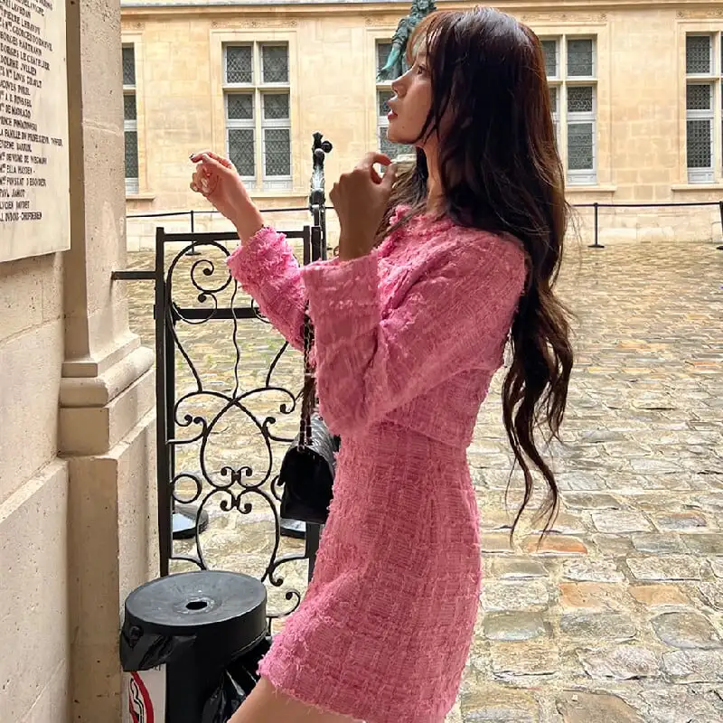 セットアップ ジャケット+スカート 2色展開 長袖 ツイード 着まわし抜群 ブルー ピンク