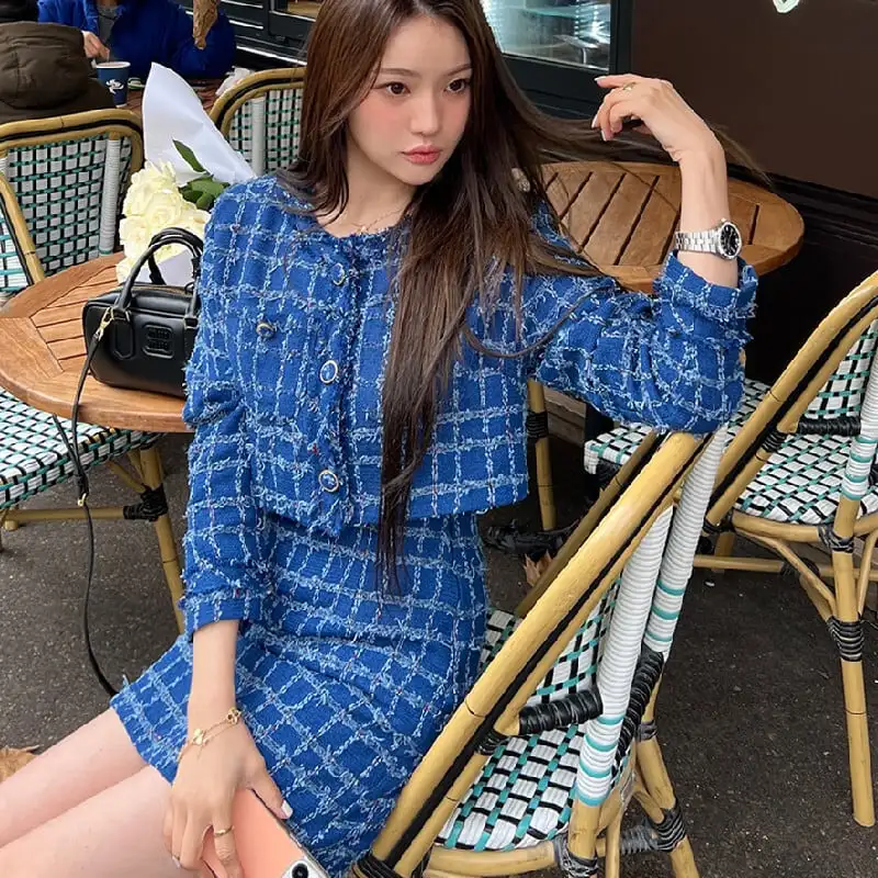 セットアップ ジャケット+スカート 2色展開 長袖 ツイード 着まわし抜群 ブルー ピンク