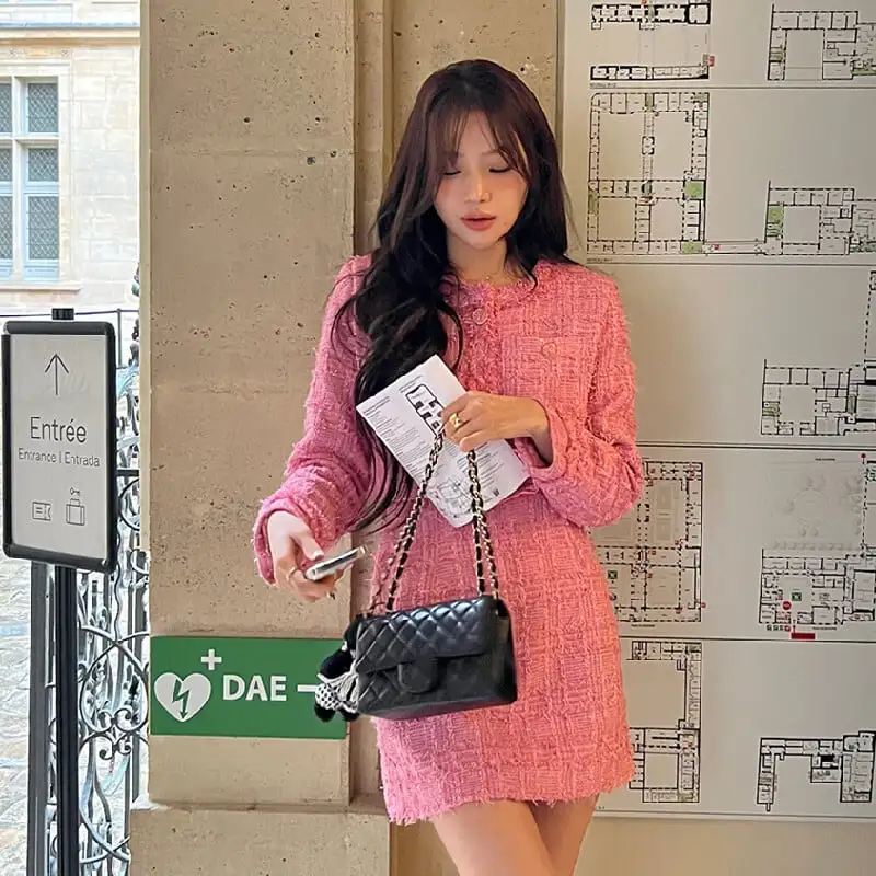 セットアップ ジャケット+スカート 2色展開 長袖 ツイード 着まわし抜群 ブルー ピンク