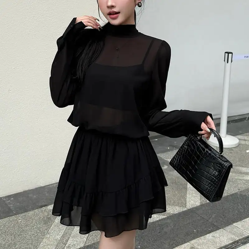 セットアップ トップス+スカート バックリボン ペプラム ブラック