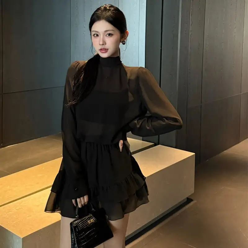 セットアップ トップス+スカート バックリボン ペプラム ブラック