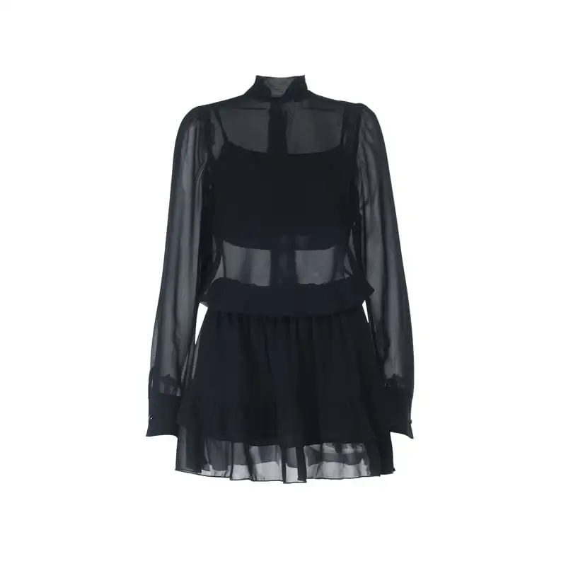 セットアップ トップス+スカート バックリボン ペプラム ブラック