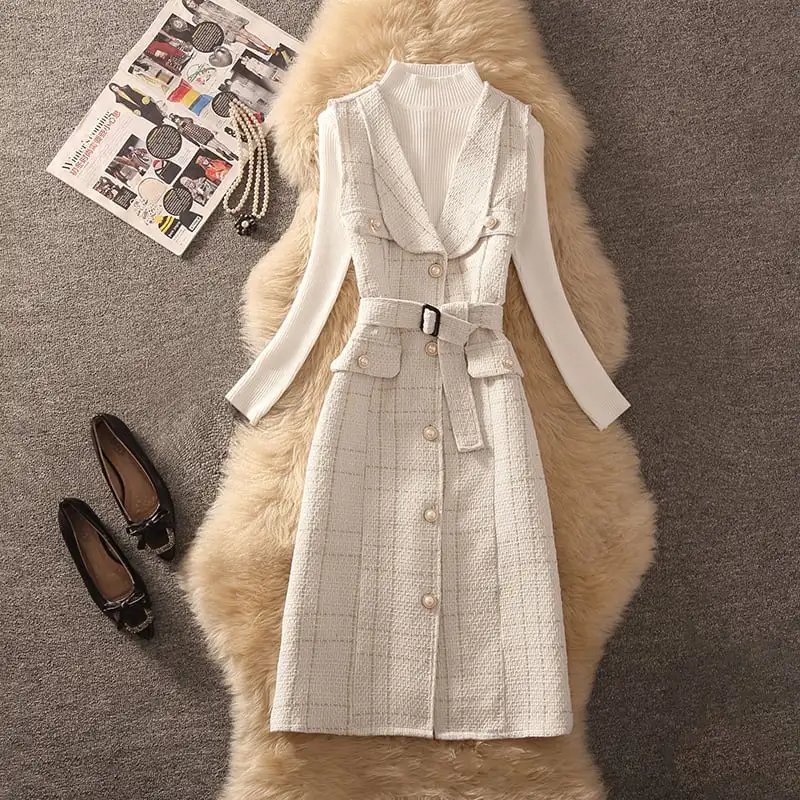 セットアップ 2点セット 2色展開 ツイード トップス+ベストワンピース チェック柄 ホワイト ブラック S M L XL