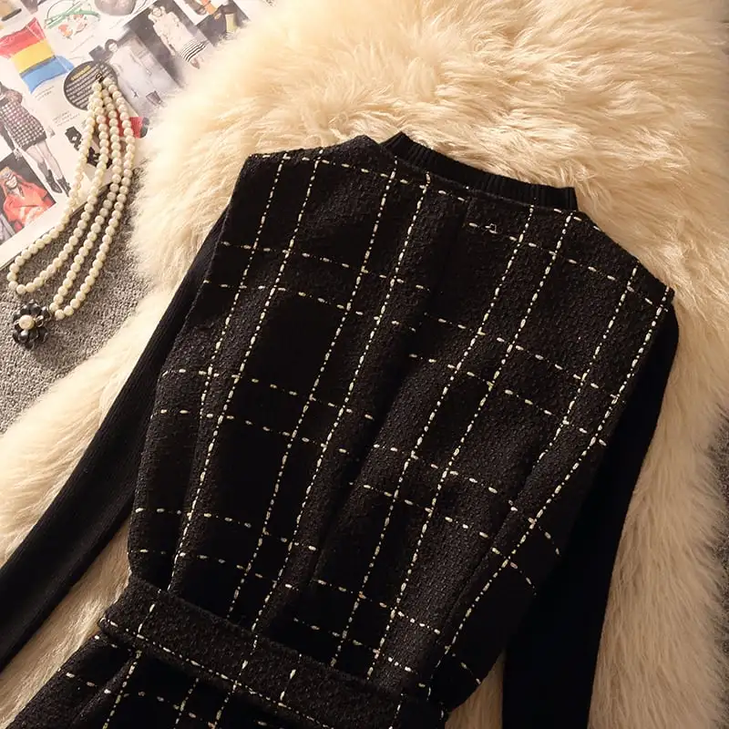 セットアップ 2点セット 2色展開 ツイード トップス+ベストワンピース チェック柄 ホワイト ブラック S M L XL