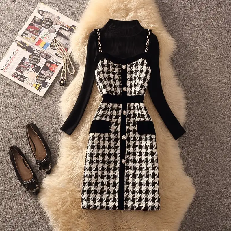 セットアップ 2点セット トップス+ベストワンピース 千鳥格子柄 通勤 ツイード ブラック