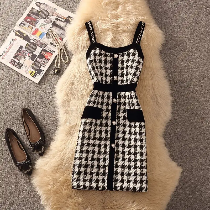 セットアップ 2点セット トップス+ベストワンピース 千鳥格子柄 通勤 ツイード ブラック