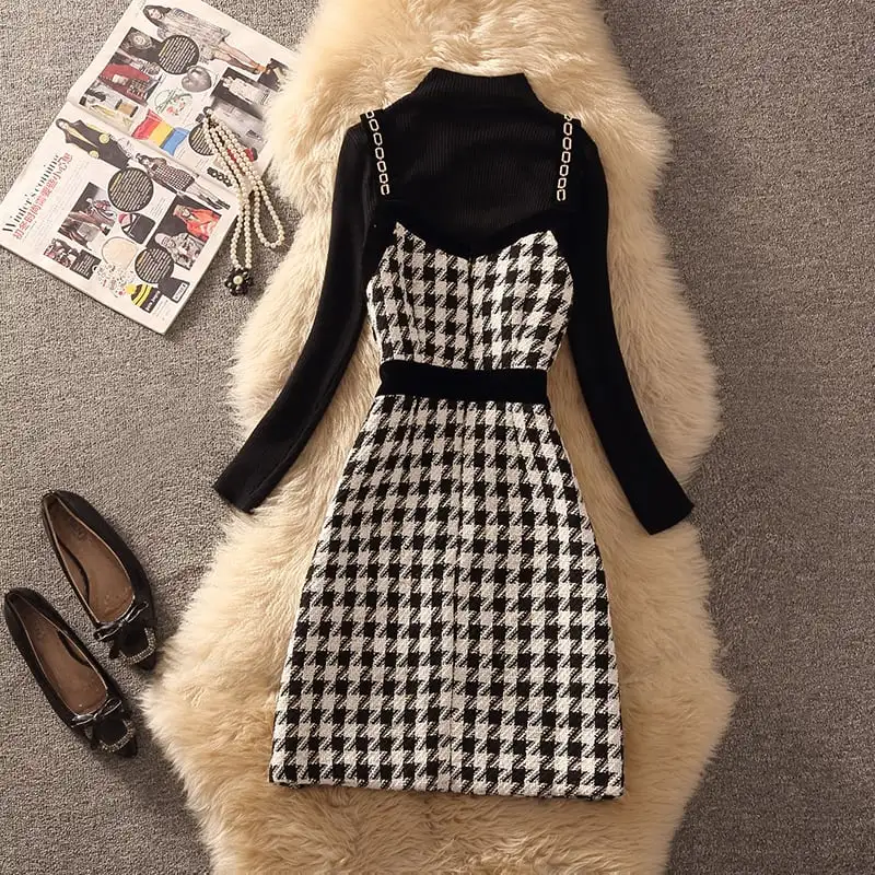 セットアップ 2点セット トップス+ベストワンピース 千鳥格子柄 通勤 ツイード ブラック