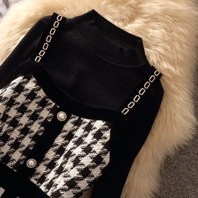 セットアップ 2点セット トップス+ベストワンピース 千鳥格子柄 通勤 ツイード ブラック
