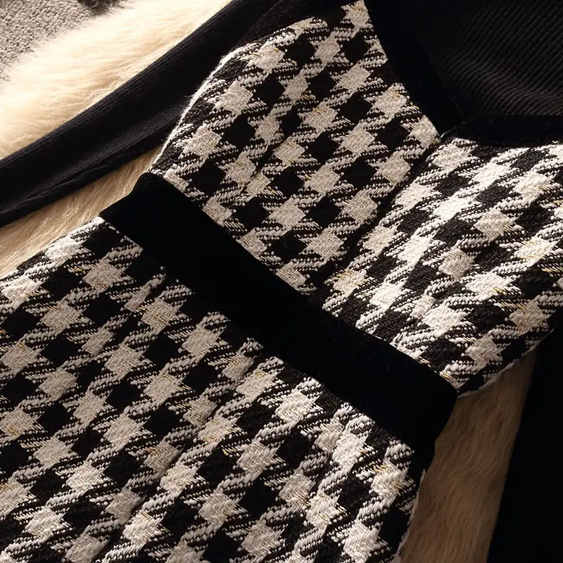 セットアップ 2点セット トップス+ベストワンピース 千鳥格子柄 通勤 ツイード ブラック
