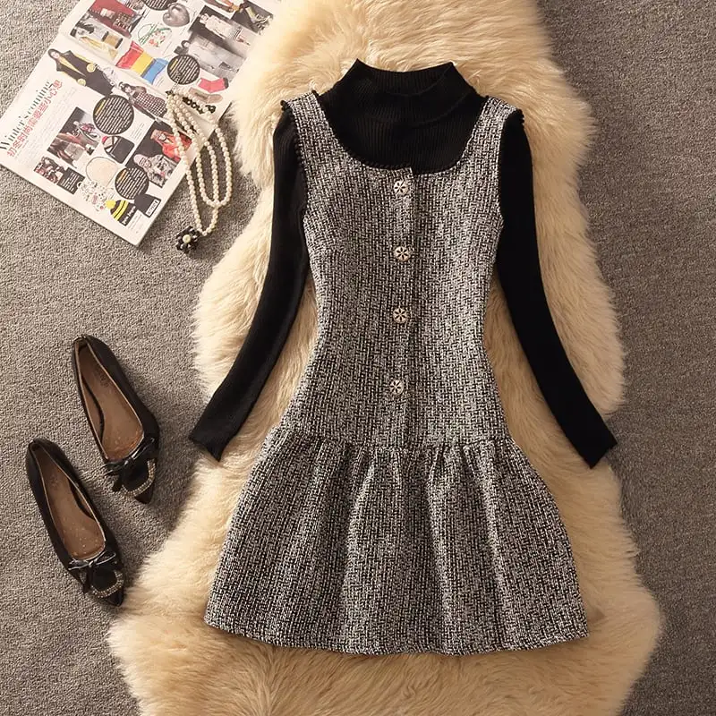 セットアップ 2点セット ニット トップス+ベストワンピース ペプラム グレー