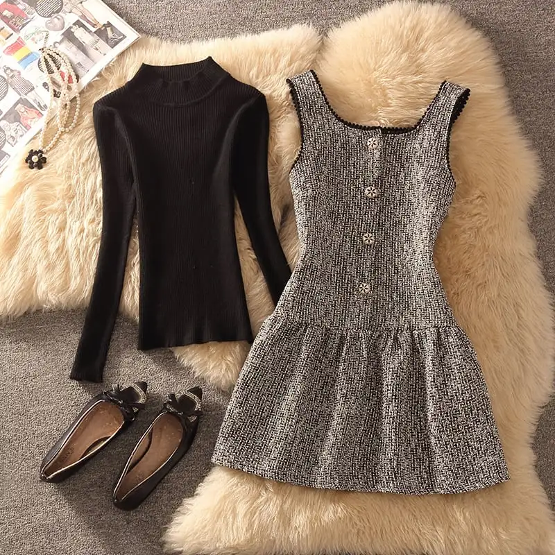 セットアップ 2点セット ニット トップス+ベストワンピース ペプラム グレー