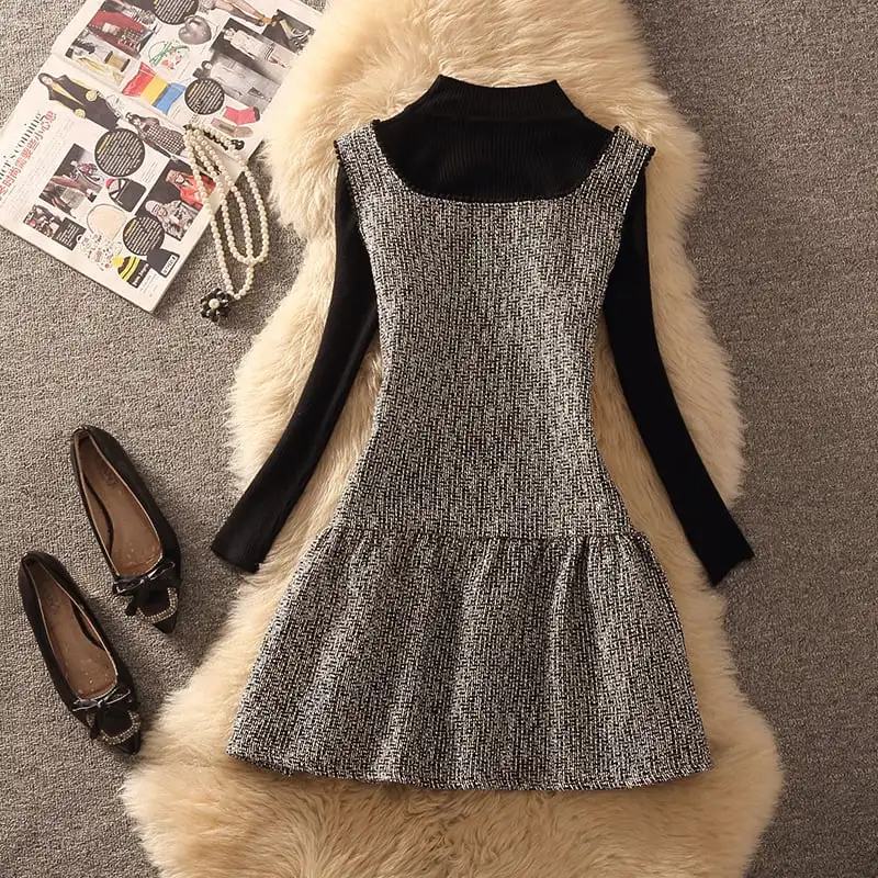 セットアップ 2点セット ニット トップス+ベストワンピース ペプラム グレー