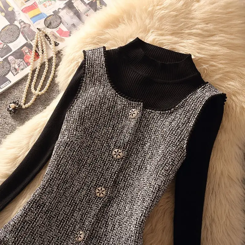 セットアップ 2点セット ニット トップス+ベストワンピース ペプラム グレー