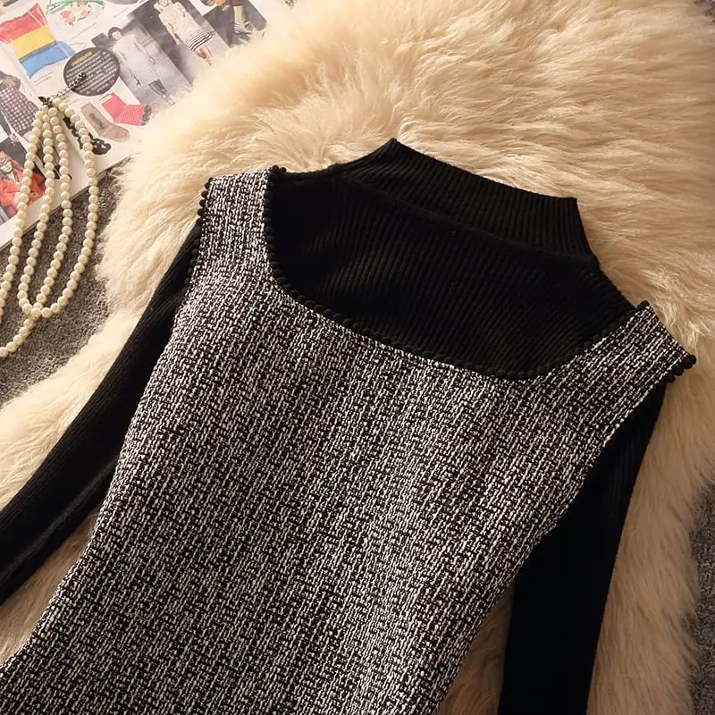 セットアップ 2点セット ニット トップス+ベストワンピース ペプラム グレー