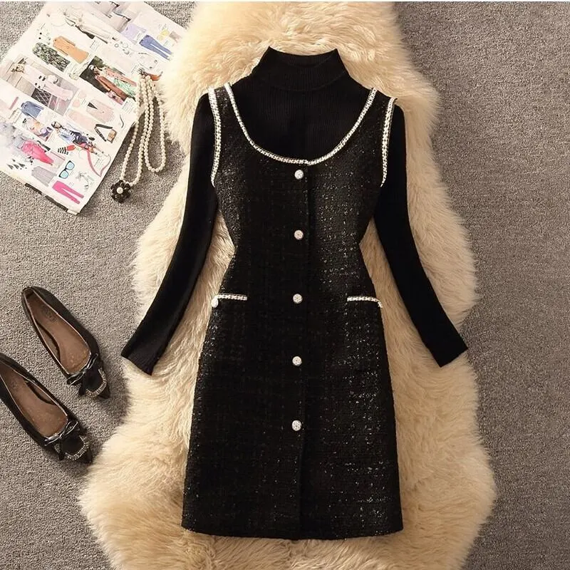 セットアップ 2点セット トップス+ベストワンピース ツイード シンプル ブラック