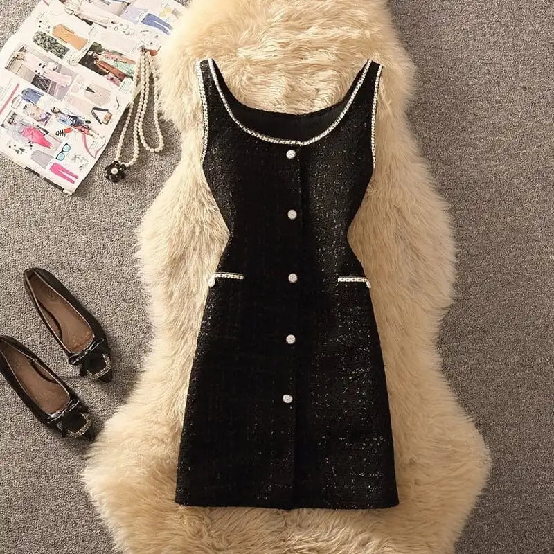 セットアップ 2点セット トップス+ベストワンピース ツイード シンプル ブラック