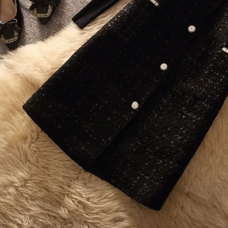 セットアップ 2点セット トップス+ベストワンピース ツイード シンプル ブラック