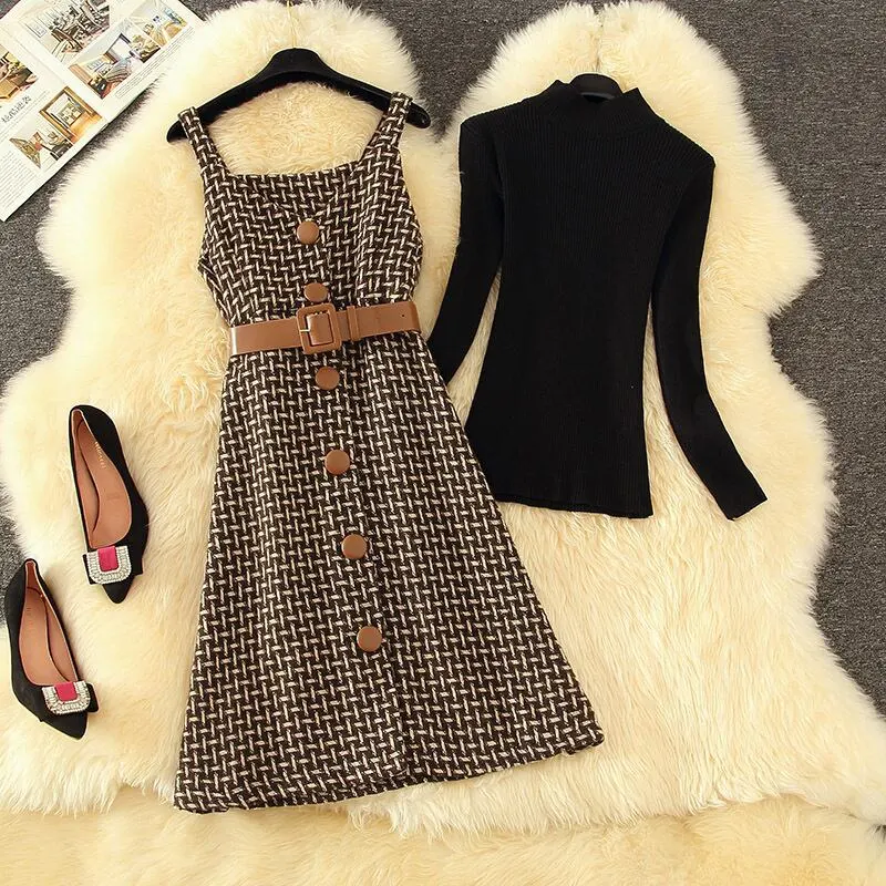 セットアップ トップス+ベストワンピース ニット シンプル シングルブレスト ブラウン