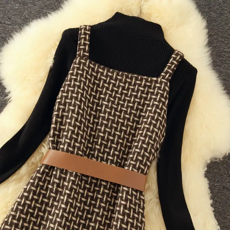 セットアップ トップス+ベストワンピース ニット シンプル シングルブレスト ブラウン