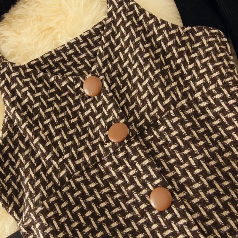 セットアップ トップス+ベストワンピース ニット シンプル シングルブレスト ブラウン