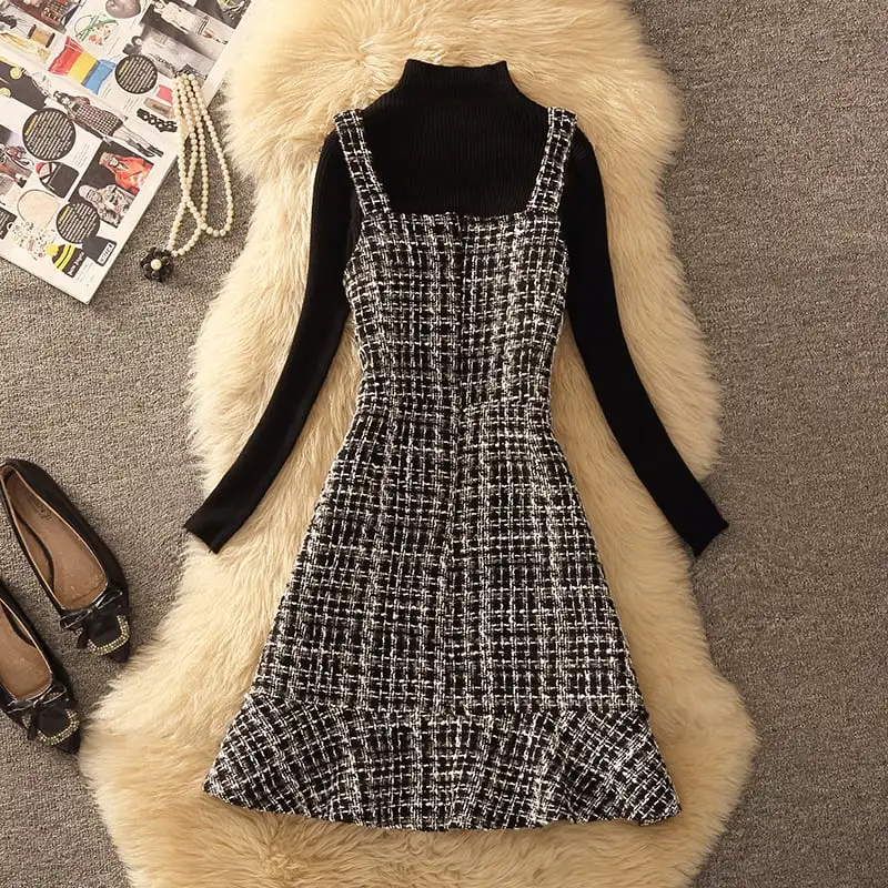 セットアップ 2点セット 2色展開 ツイード トップス+ベストワンピース ペプラム ブラック ピンク