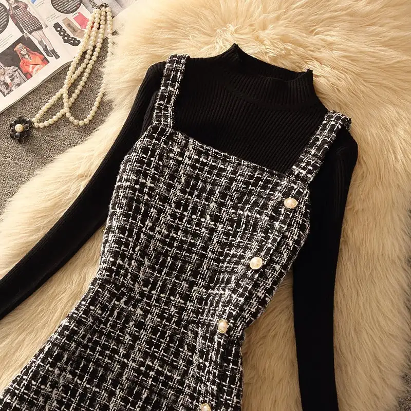 セットアップ 2点セット 2色展開 ツイード トップス+ベストワンピース ペプラム ブラック ピンク