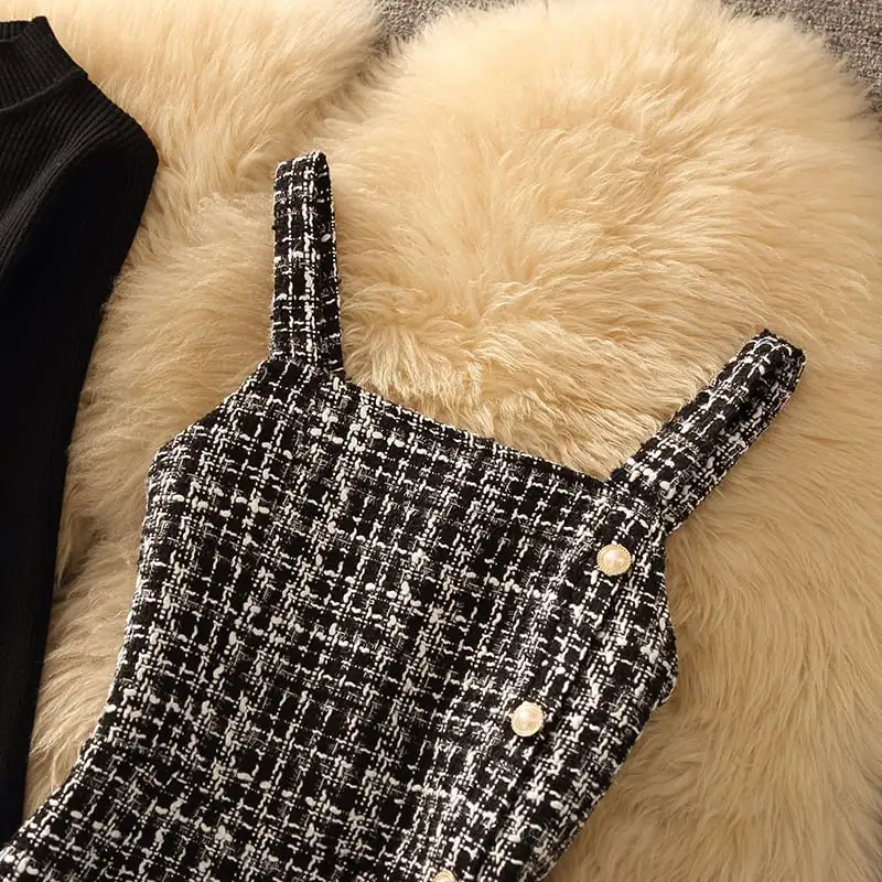 セットアップ 2点セット 2色展開 ツイード トップス+ベストワンピース ペプラム ブラック ピンク