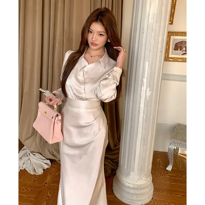 セットアップ トップス+スカート 気質溢れる 落ち感 長袖 ベージュ