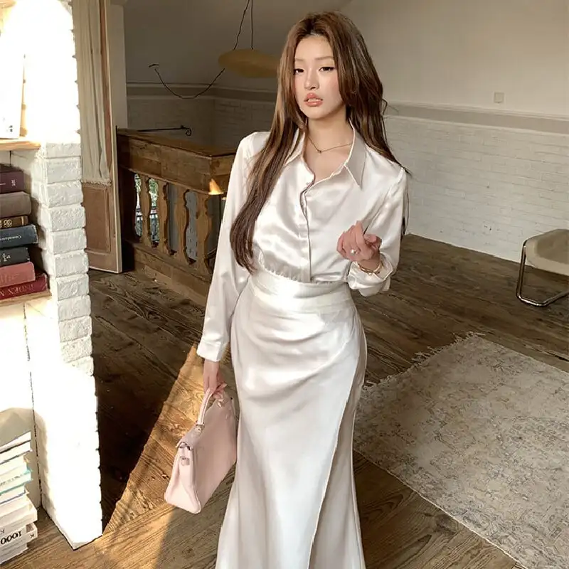 セットアップ トップス+スカート 気質溢れる 落ち感 長袖 ベージュ