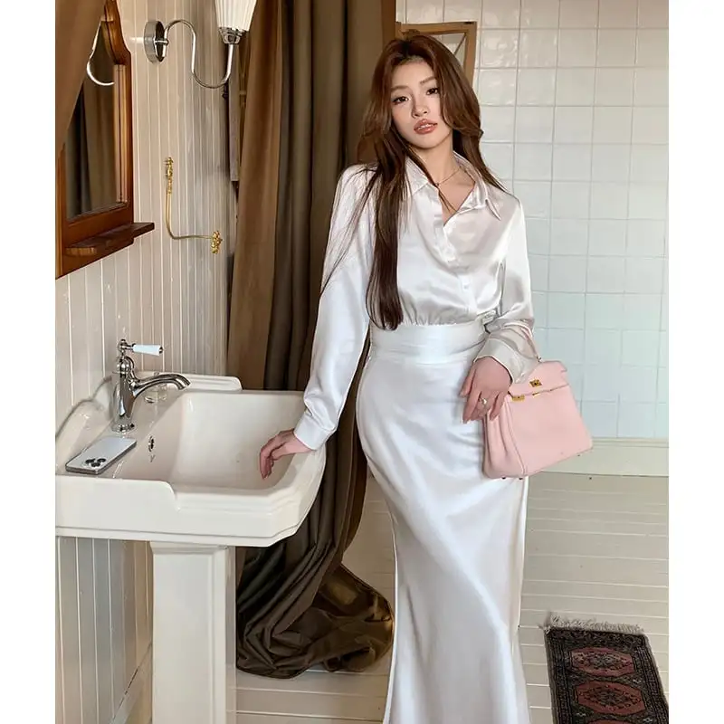 セットアップ トップス+スカート 気質溢れる 落ち感 長袖 ベージュ