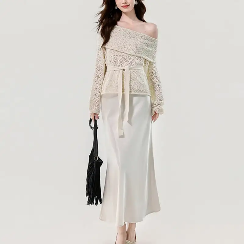 セットアップ トップス+スカート 2色展開 オフショルダー 気質溢れる パープル ベージュ