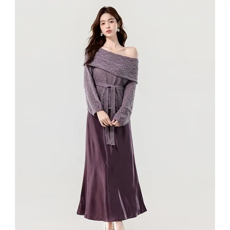 セットアップ トップス+スカート 2色展開 オフショルダー 気質溢れる パープル ベージュ