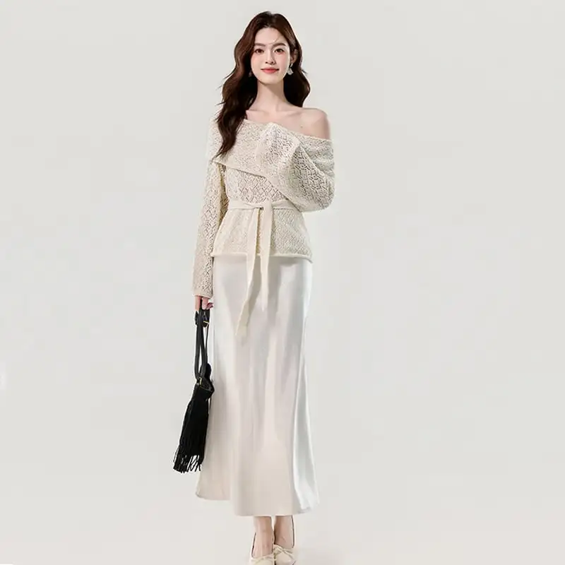 セットアップ トップス+スカート 2色展開 オフショルダー 気質溢れる パープル ベージュ