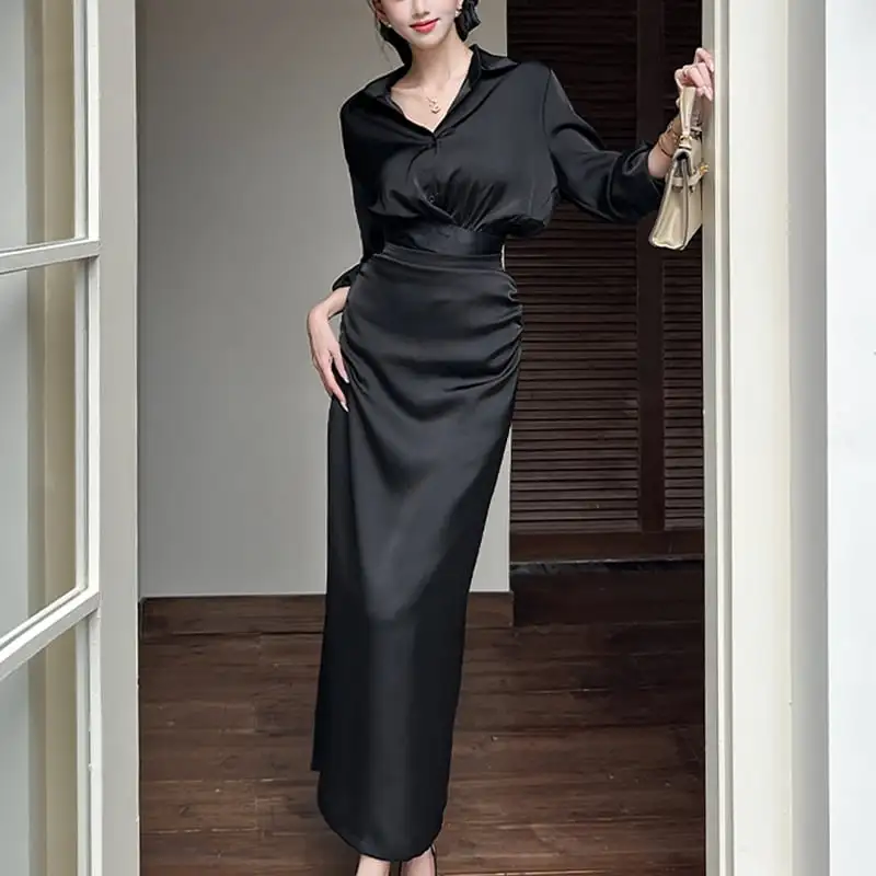 セットアップ シャツ+スカート 無地 フェミニン ブラック