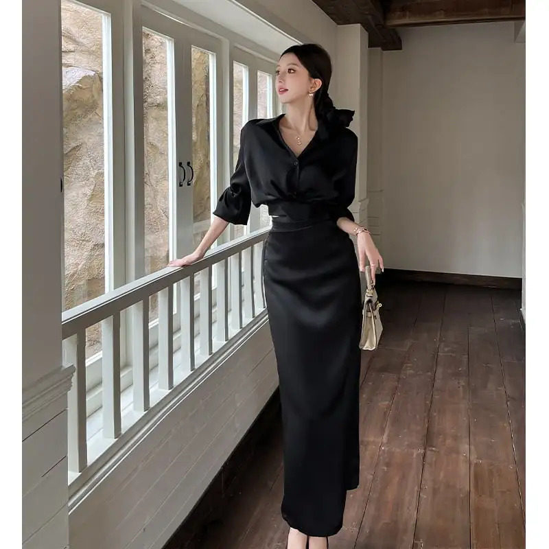 セットアップ シャツ+スカート 無地 フェミニン ブラック