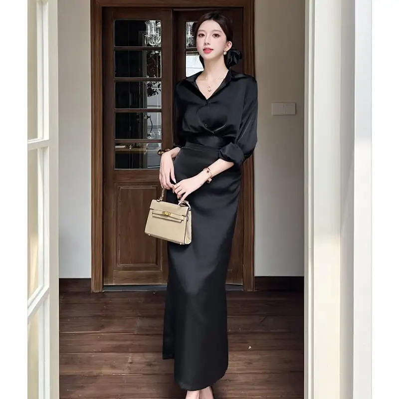 セットアップ シャツ+スカート 無地 フェミニン ブラック