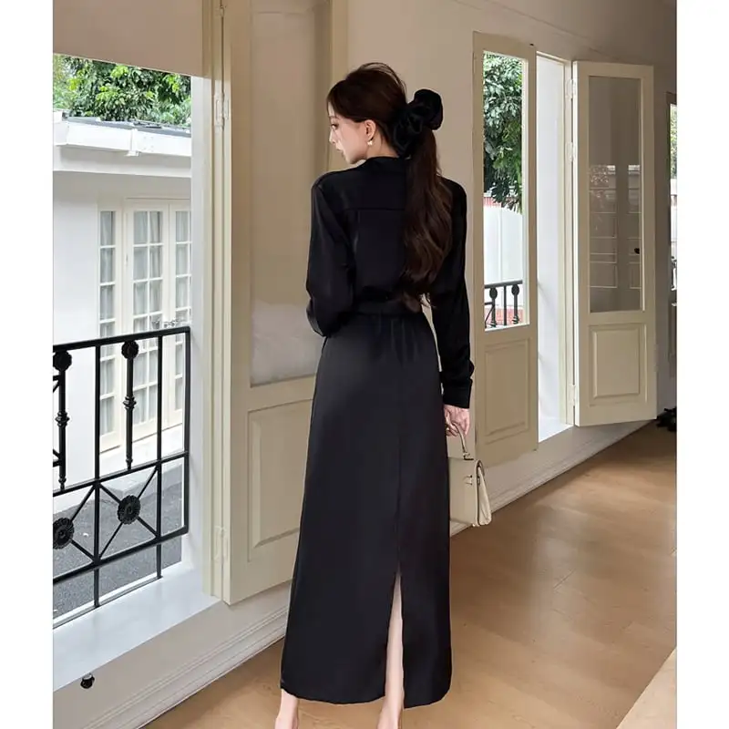 セットアップ シャツ+スカート 無地 フェミニン ブラック