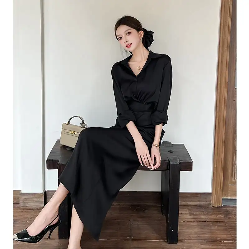 セットアップ シャツ+スカート 無地 フェミニン ブラック