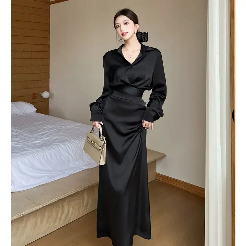 セットアップ シャツ+スカート 無地 フェミニン ブラック