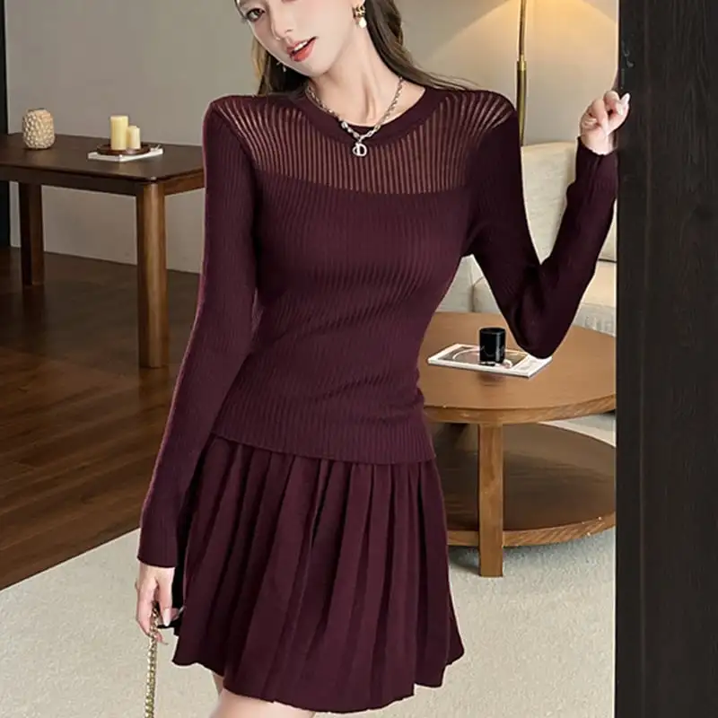 セットアップ トップス+スカート 無地 ニット ワインレッド グレー ブラック