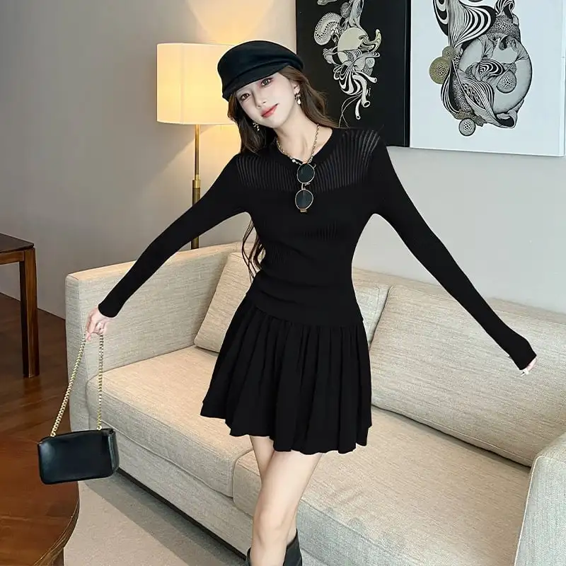 セットアップ トップス+スカート 無地 ニット ワインレッド グレー ブラック