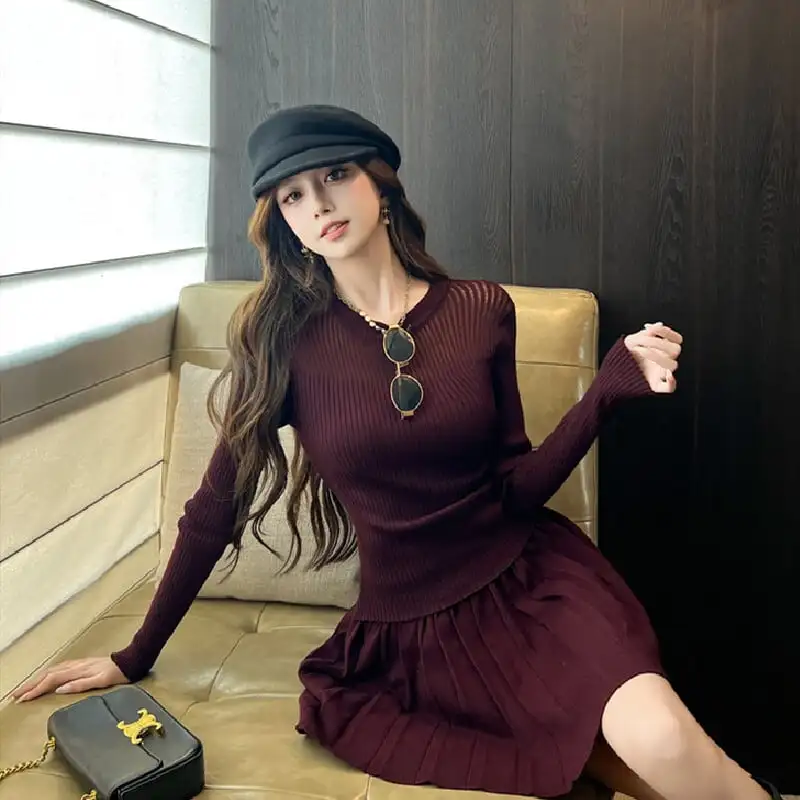 セットアップ トップス+スカート 無地 ニット ワインレッド グレー ブラック