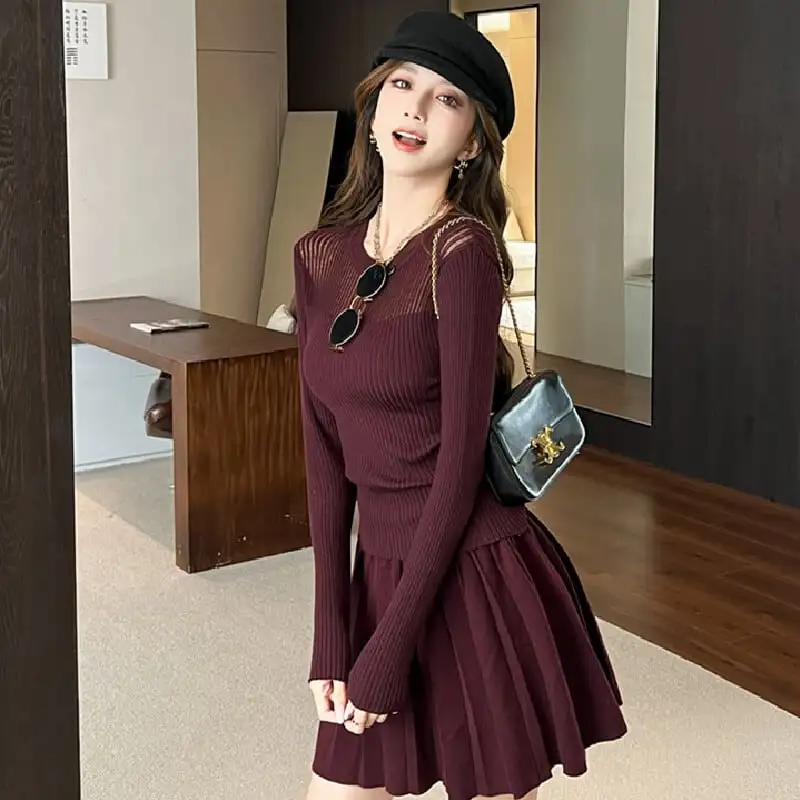 セットアップ トップス+スカート 無地 ニット ワインレッド グレー ブラック