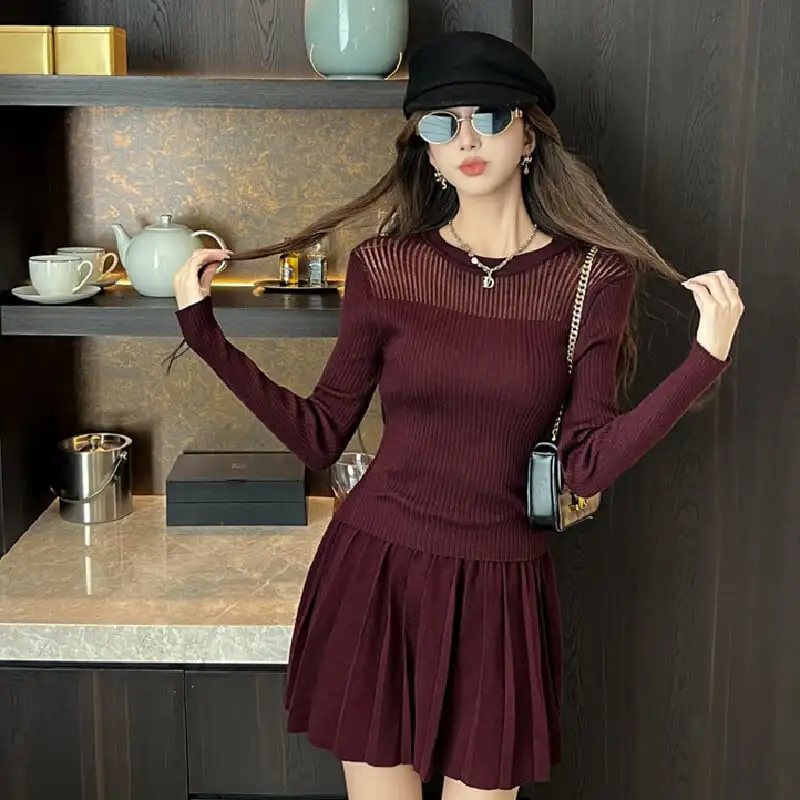 セットアップ トップス+スカート 無地 ニット ワインレッド グレー ブラック